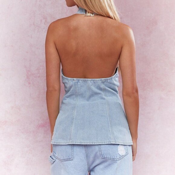 Light Wash Sexy Women's Buttoned Cross Halter Neck Denim Vest Top - Picture 2 of 4